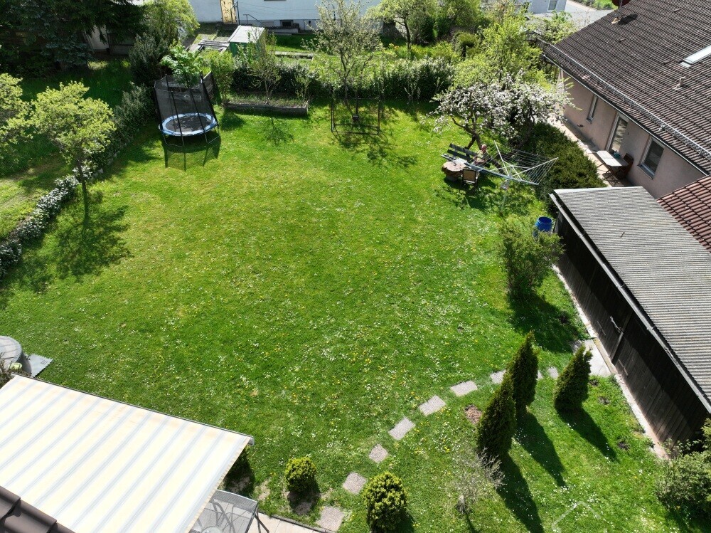 Blick von oben auf den großen Garten